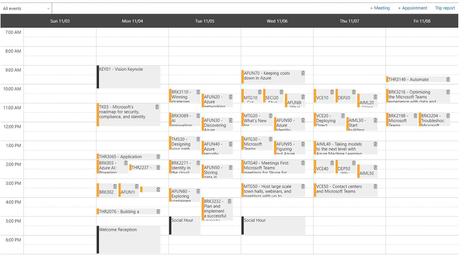 screenshot of calendar with many blocks double and triple booked