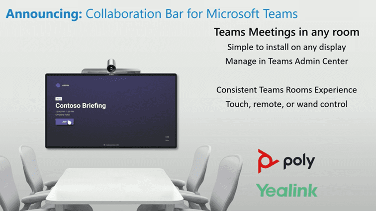 image of slide with title "Annoucing: Collaboration Bar for Microsoft Teams" with image of Teams meeting room/huddle space and logos from Poly and Yealink.