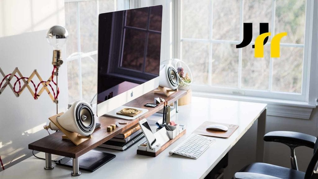 home office desk setup with iMac computer