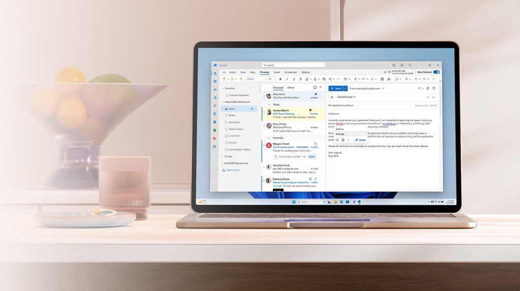 Photo of Laptop with Microsoft Outlook App open on screen. New Microsoft Outlook 2023