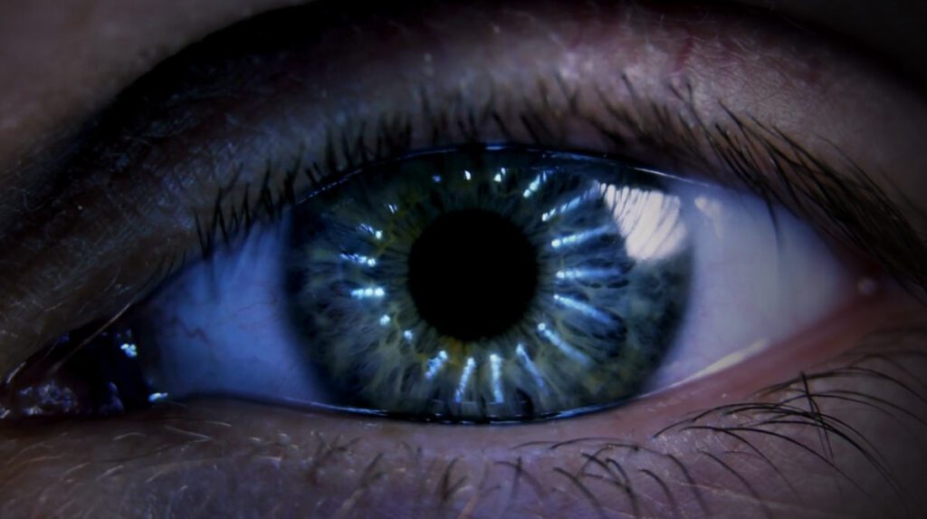 Image of closeup of a human eye, focused on pupil and iris.