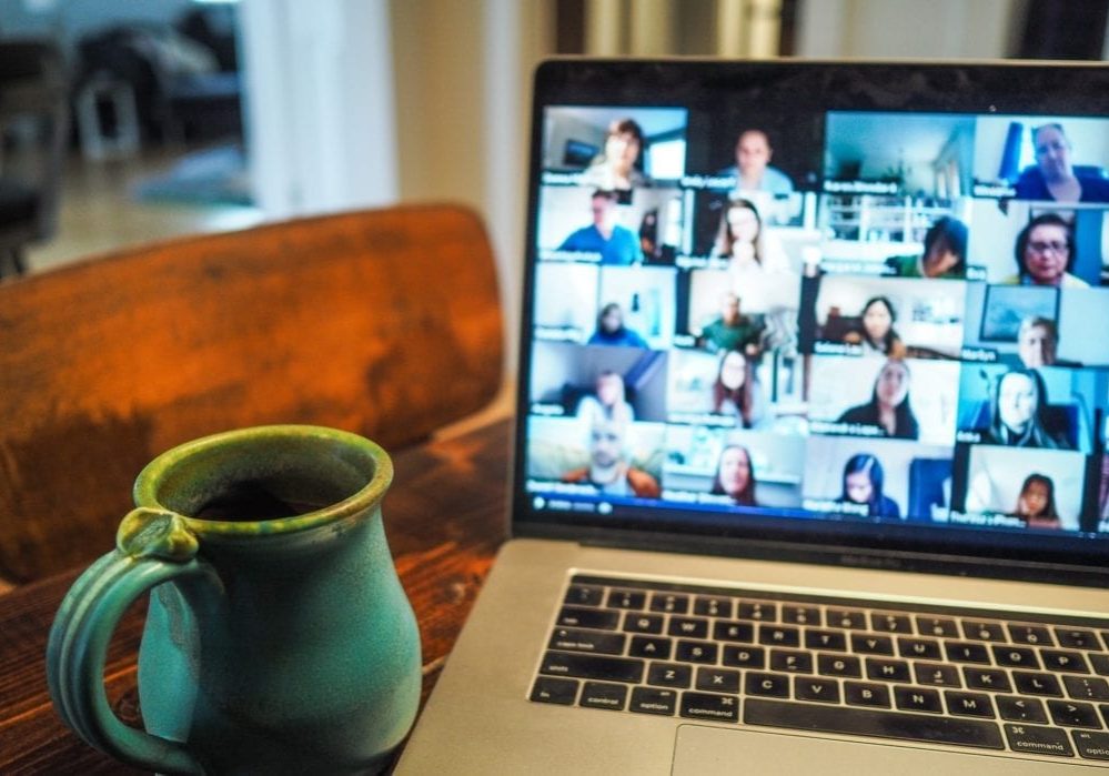 virtual meeting room for remote working remote learning remote training, video conferencing screen on a laptop